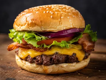Burger au cheddar, bacon, salade, tomate et oignon rouge