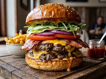 Double burger au cheddar, bacon et frites