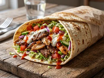 Wrap kebab avec salade, tomate, concombre et sauce