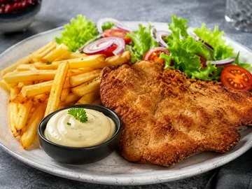 Émincé de bœuf pané avec frites, salade et sauce béarnaise